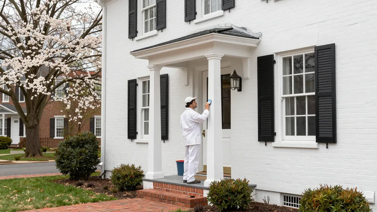 Porch trim painting on a painted-brick colonial in Chevy Chase, MD — Eagle Home Improvements