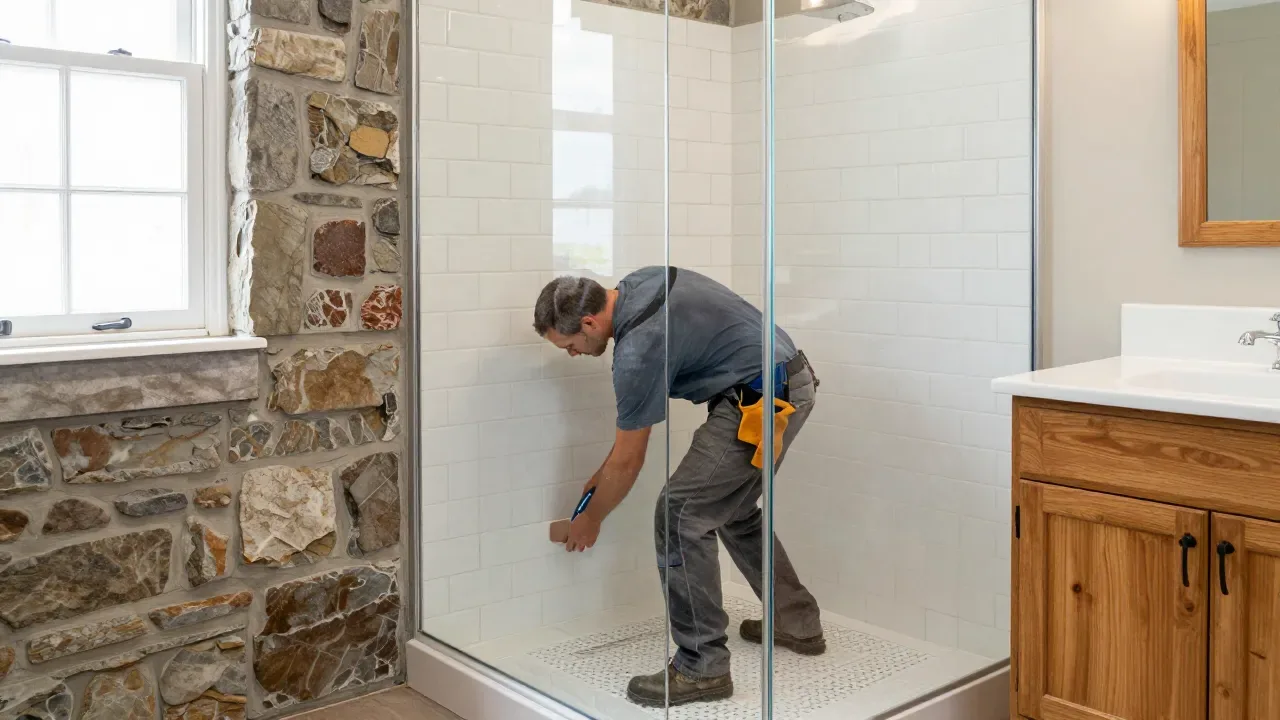 Subway-tile shower in a stone cottage bathroom remodel in Ellicott City, MD — Eagle Home Improvements